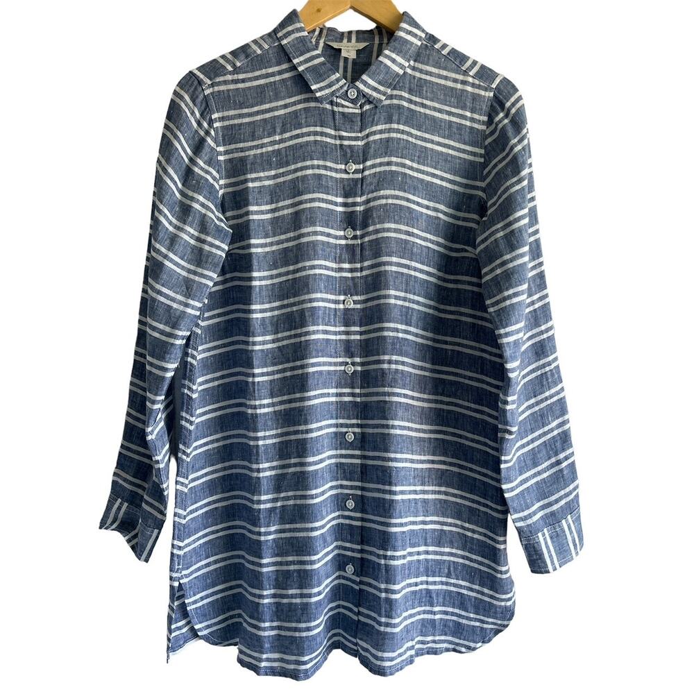 Garnet Hill Women’s Size XS Easy Linen Tunic Striped Button Up Shirt